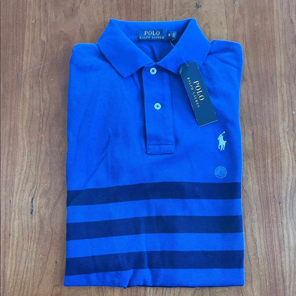 NWT Polo by Ralph Lauren Men's Cotton Mesh Polo Shirt. Royal/Navy Blue Stripes. - Picture 6 of 16